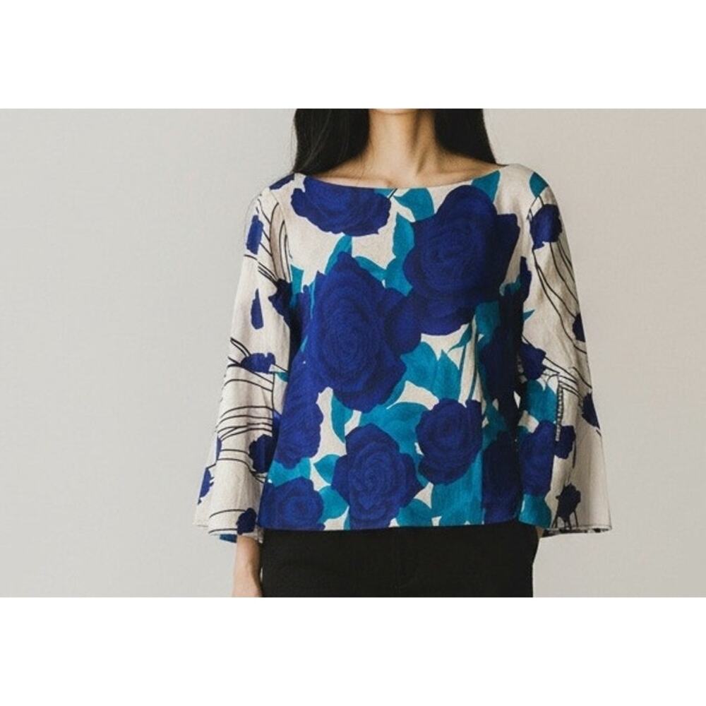 Vintage 60's 70's Psychedelic Rose Print Bell Sleeve Boxy Top XL Floral Artsy